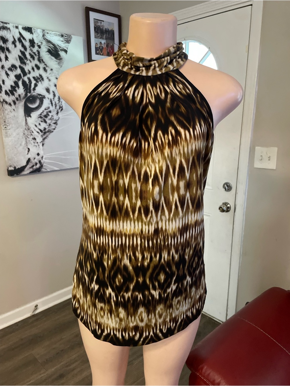 Aeropostale Brown  Black Printed Halter Top blouse small career statement animal